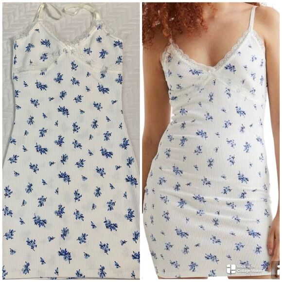 H&M Ribbed Bodycon Dress White with small Blue flowers - Picture 1 of 7